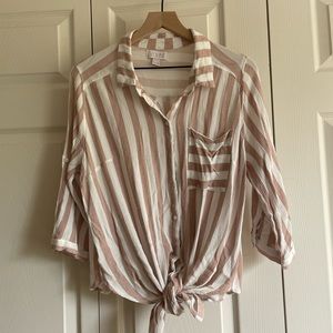 Beige and pink striped knot tie blouse